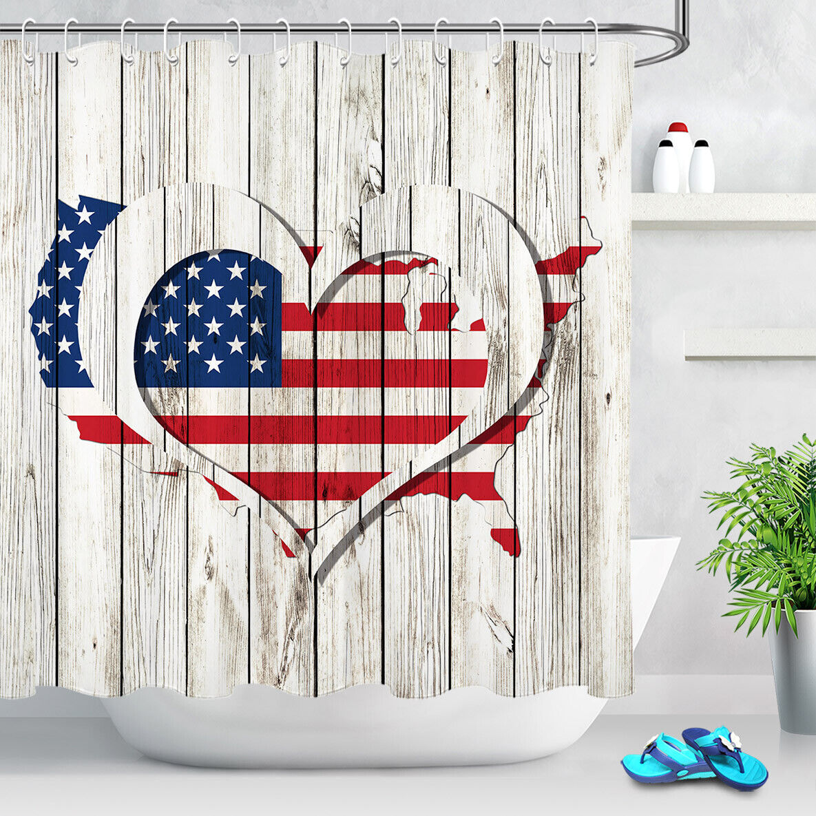 Rustic Wood Planks Heart Usa Flag Map Shower Curtain For Patriotic Bathroom Decor