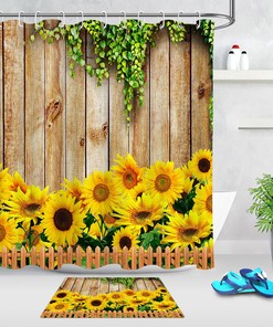 Rustic Wood Planks Sunflowers Shower Curtain, Floral Bathroom Decor, Country Farmhouse Style