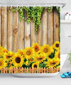 Rustic Wood Planks Sunflowers Shower Curtain, Floral Bathroom Decor, Country Farmhouse Style