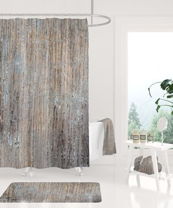 Rustic Wood Print Boho Shower Curtain With Hand Towel Set For Bathroom Decor