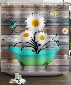 Rustic Wood Sunflower Shower Curtain with Floral Design for Bathroom Decor