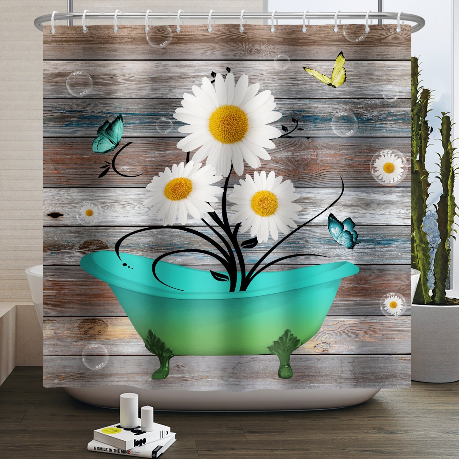 Rustic Wood Sunflower Shower Curtain with Floral Design for Bathroom Decor