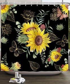 Rustic Wood Sunflower Shower Curtain with Floral Design for Bathroom Decor