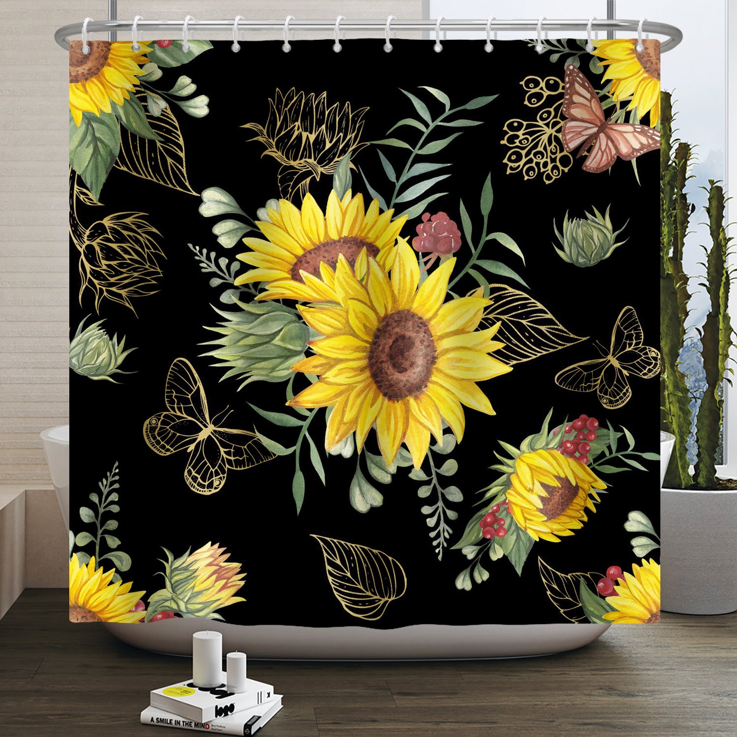 Rustic Wood Sunflower Shower Curtain with Floral Design for Bathroom Decor