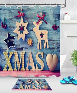 Rustic Wood Wall Creative Wooden Deer Christmas Shower Curtain Bathroom Decor