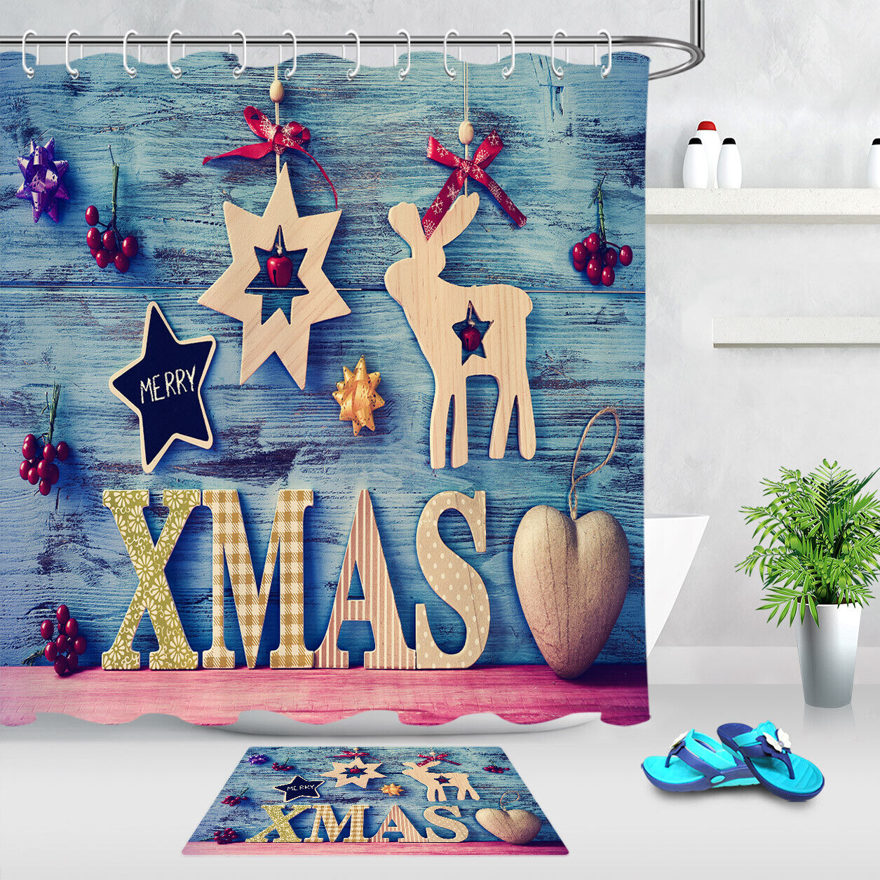 Rustic Wood Wall Creative Wooden Deer Christmas Shower Curtain Bathroom Decor