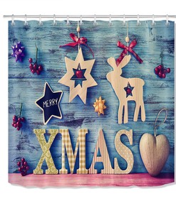 Rustic Wood Wall Creative Wooden Deer Christmas Shower Curtain Bathroom Decor