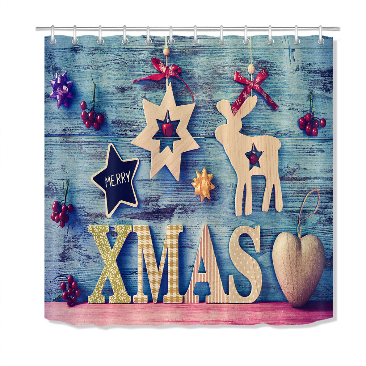 Rustic Wood Wall Creative Wooden Deer Christmas Shower Curtain Bathroom Decor