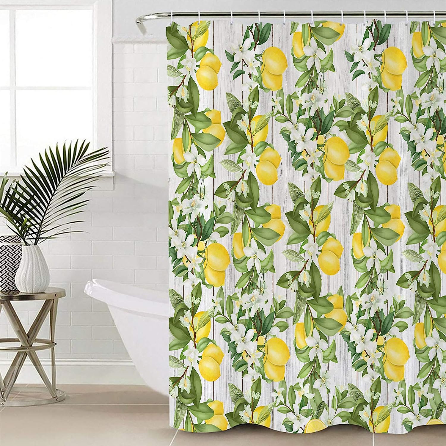 Rustic Wood White Spring Floral Green Leaves Summer Lemon Shower Curtain