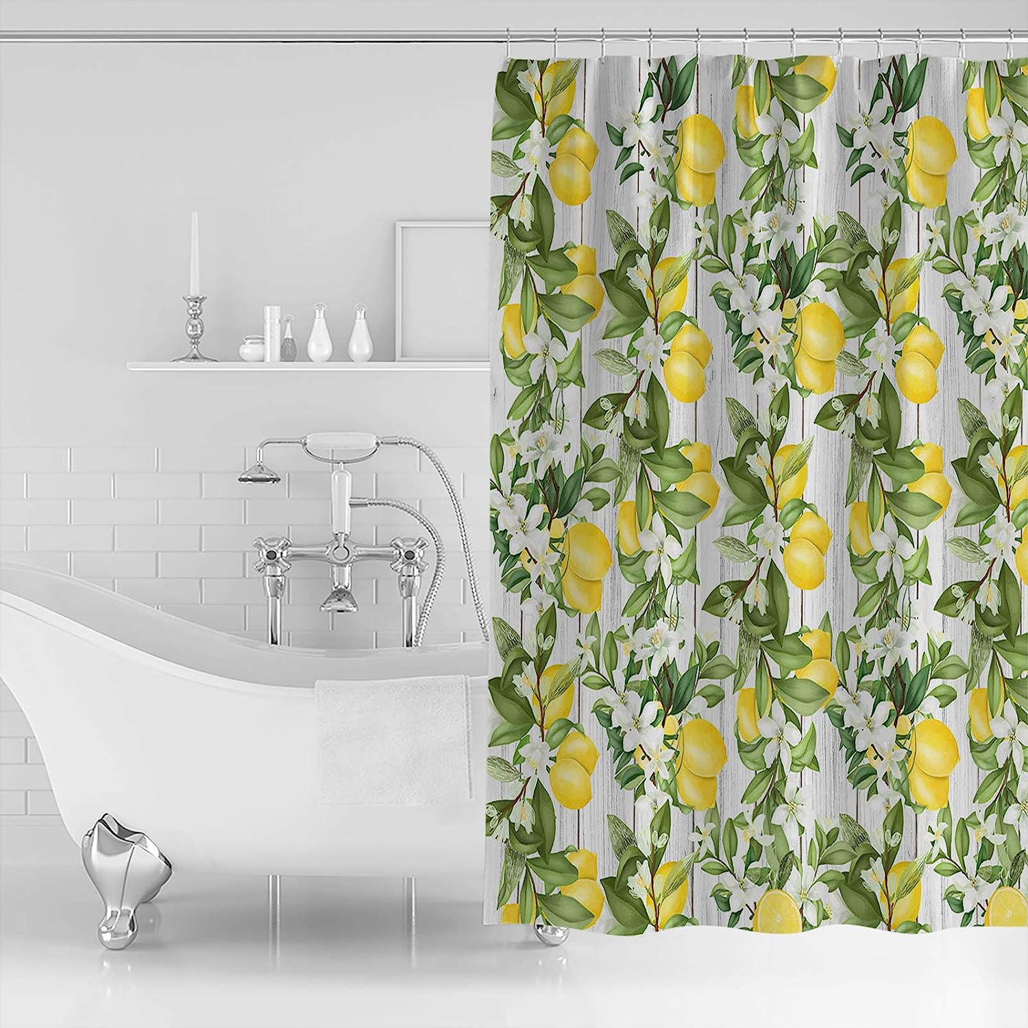 Rustic Wood White Spring Floral Green Leaves Summer Lemon Shower Curtain