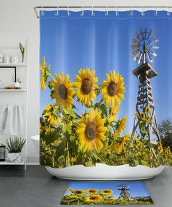 Rustic Wood Windmill Farmhouse Sunflower Shower Curtain Bathroom Accessory