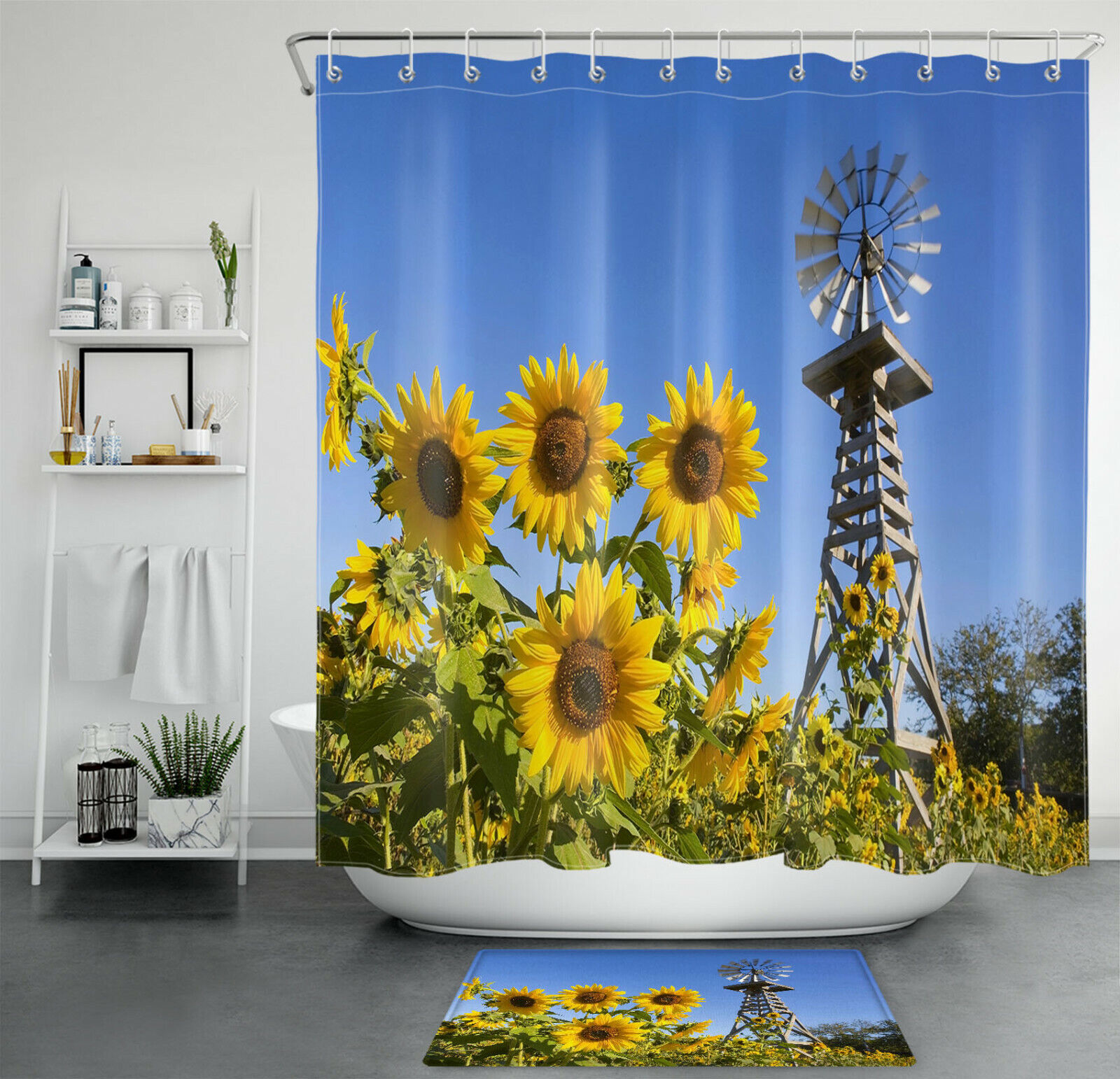 Rustic Wood Windmill Farmhouse Sunflower Shower Curtain Bathroom Accessory