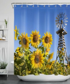 Rustic Wood Windmill Farmhouse Sunflower Shower Curtain Bathroom Accessory