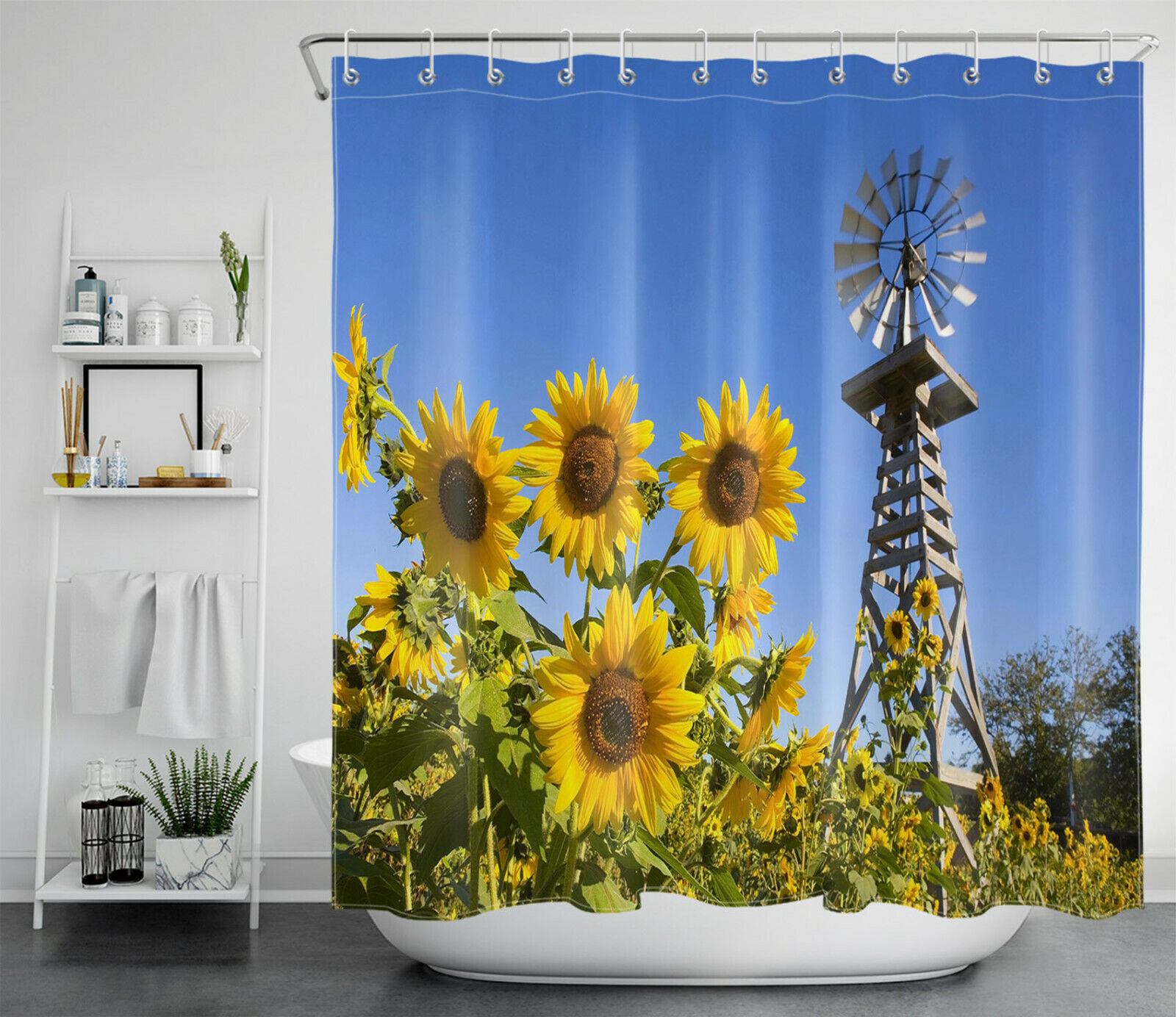 Rustic Wood Windmill Farmhouse Sunflower Shower Curtain Bathroom Accessory