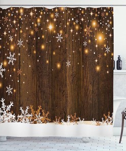 Rustic Wooden Backdrop | Snowflakes And Warm Traditional Celebration Print | Cloth Fabric Bathroom Decors | Brown White