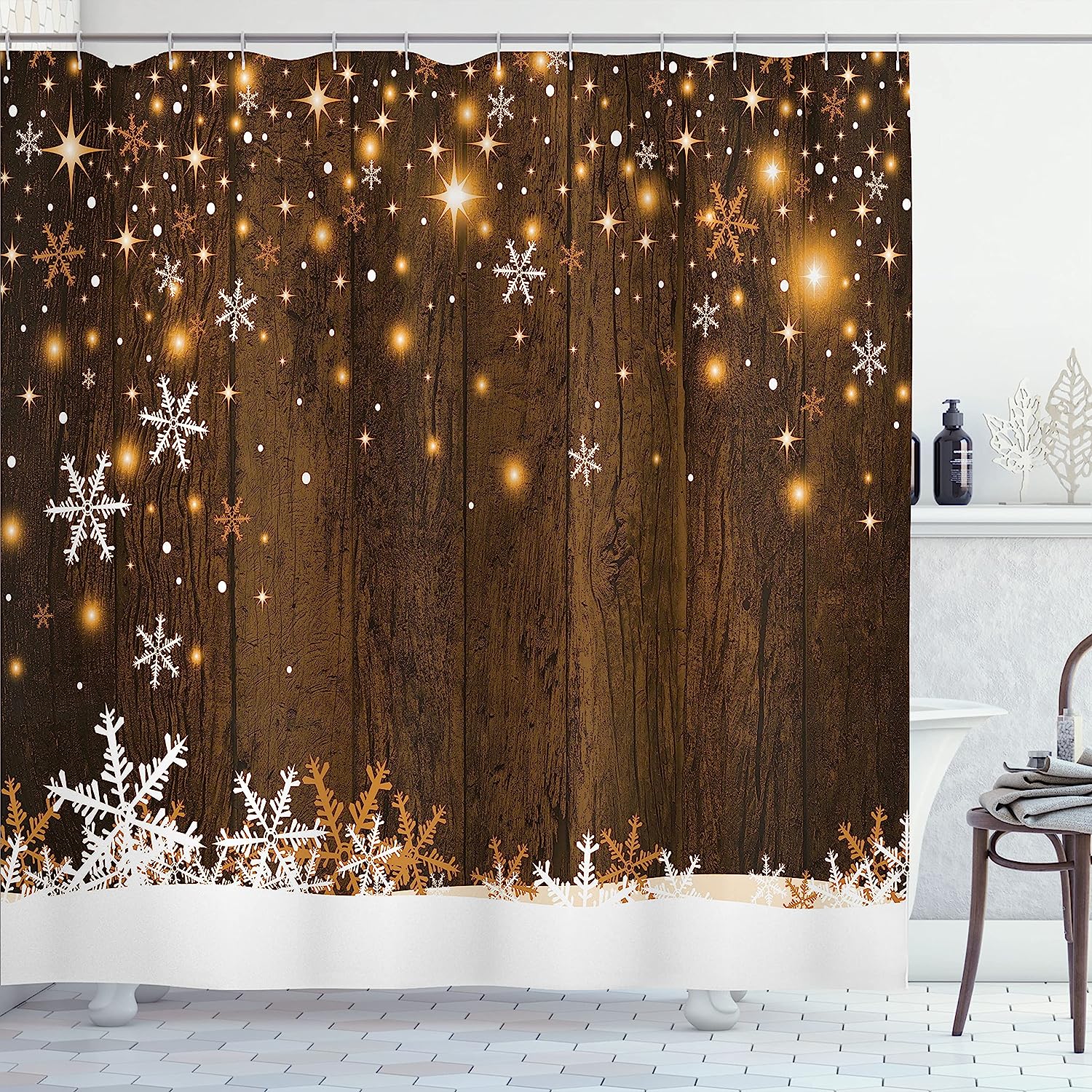 Rustic Wooden Backdrop | Snowflakes And Warm Traditional Celebration Print | Cloth Fabric Bathroom Decors | Brown White