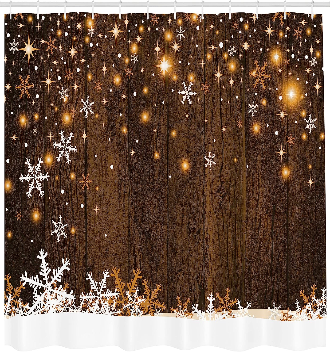 Rustic Wooden Backdrop | Snowflakes And Warm Traditional Celebration Print | Cloth Fabric Bathroom Decors | Brown White - Image 2