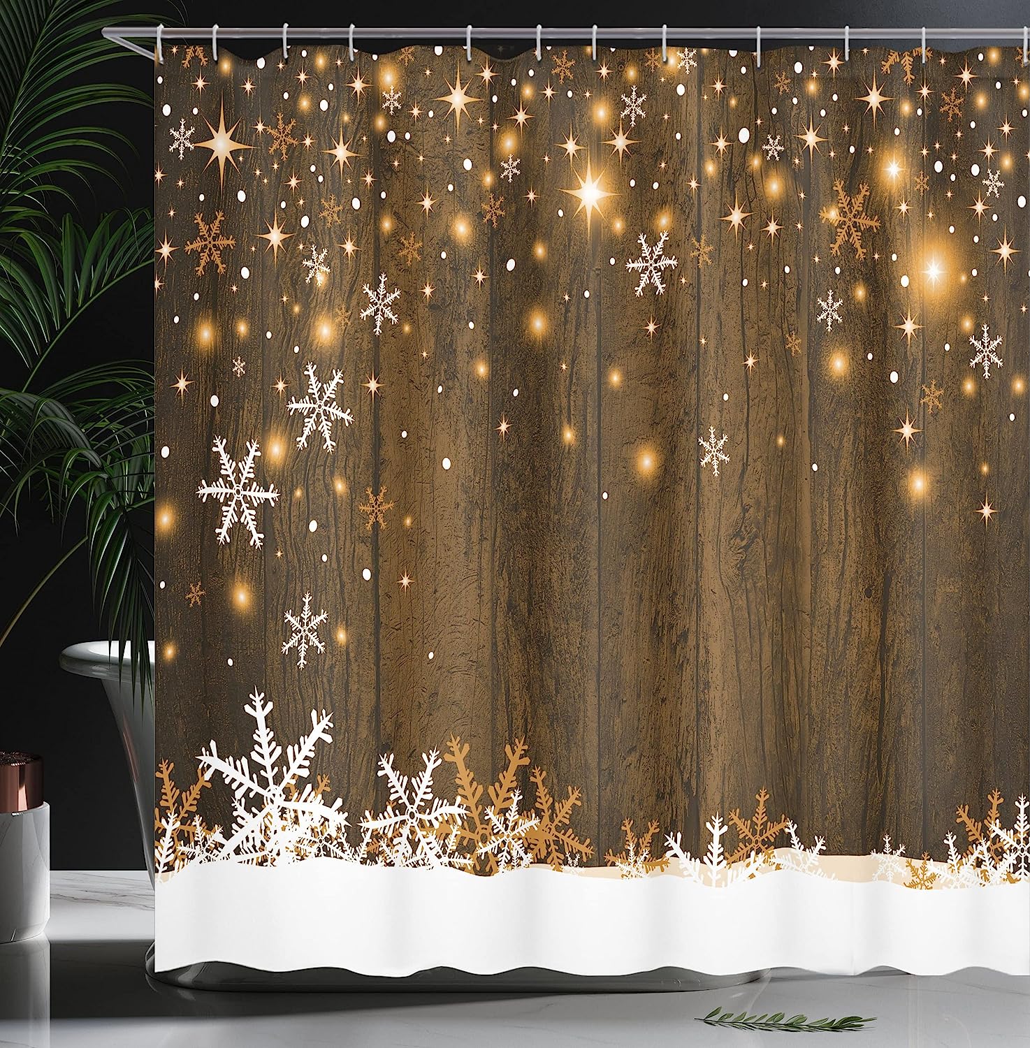 Rustic Wooden Backdrop | Snowflakes And Warm Traditional Celebration Print | Cloth Fabric Bathroom Decors | Brown White - Image 3