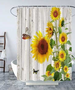 Rustic Wooden Board Barn Door Shower Curtain with Vintage Sunflower and Country Floral Pattern
