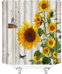 Rustic Wooden Board Barn Door Shower Curtain with Vintage Sunflower and Country Floral Pattern