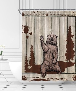 Rustic Wooden Board Cabin Forest Bear Shower Curtain for a Cozy Bathroom