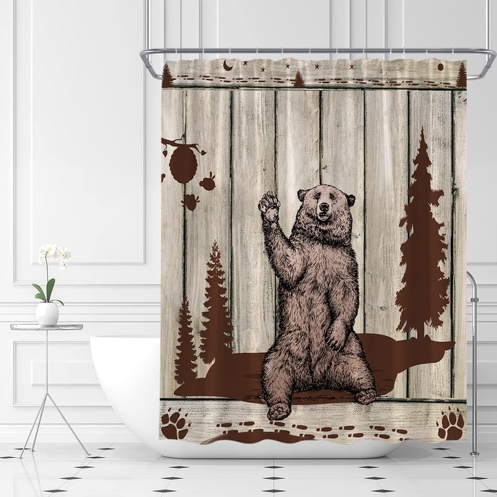 Rustic Wooden Board Cabin Forest Bear Shower Curtain for a Cozy Bathroom