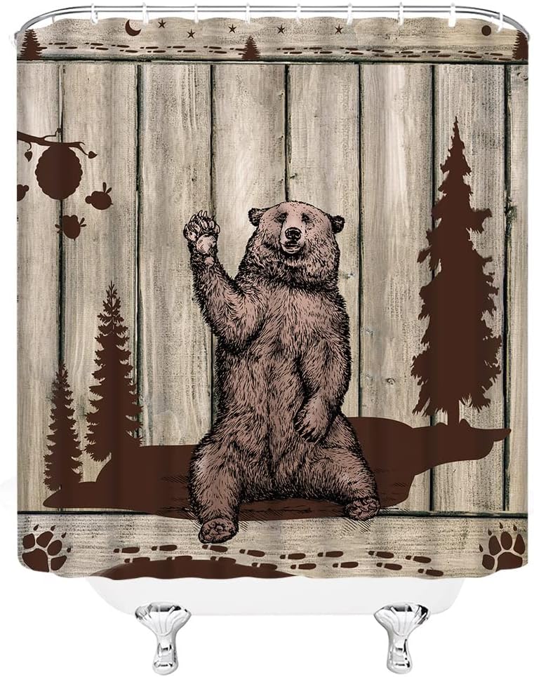 Rustic Wooden Board Cabin Forest Bear Shower Curtain for a Cozy Bathroom