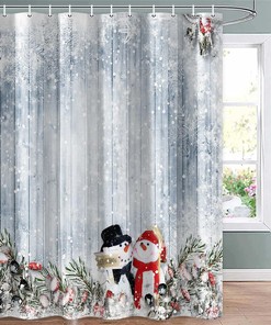 Rustic Wooden Board Christmas Snowman Shower Curtain for Bathroom Decor