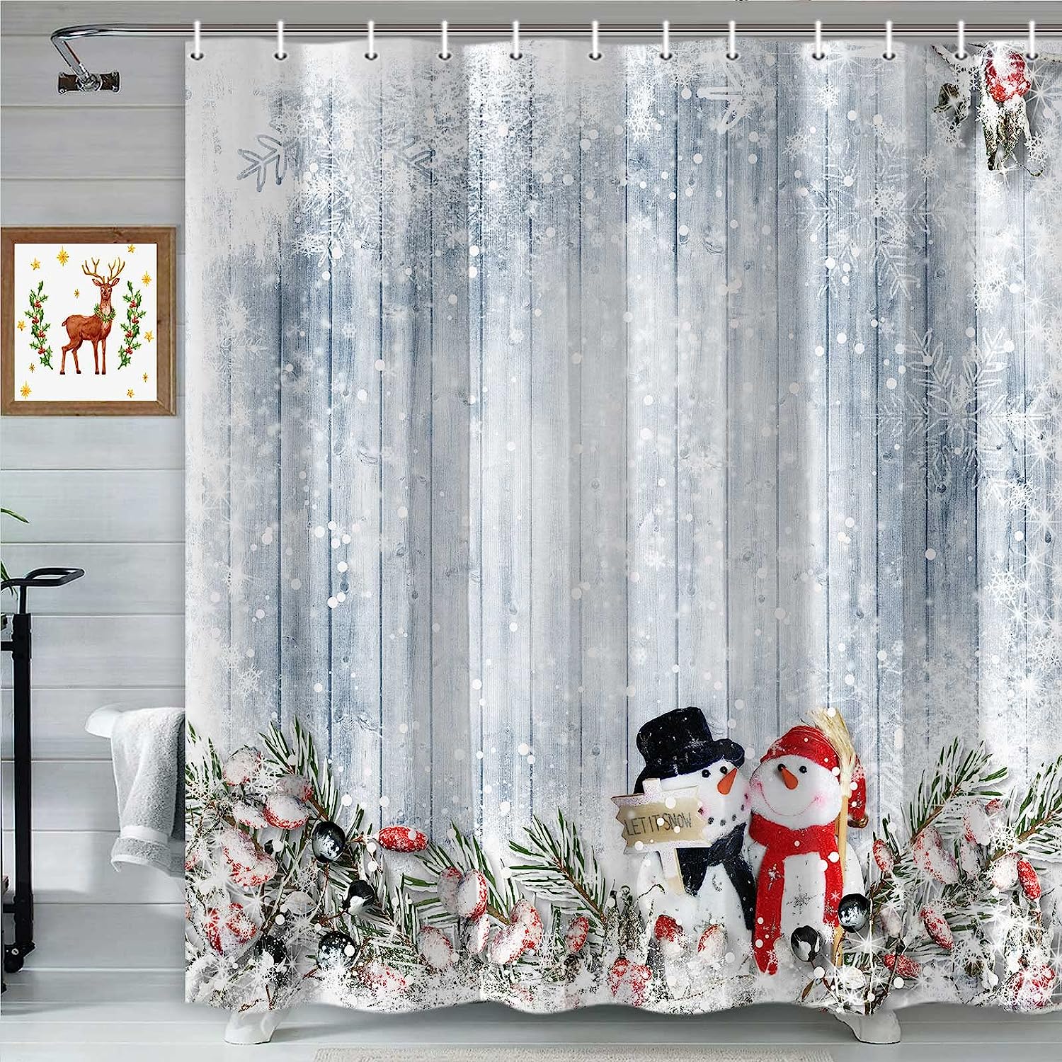 Rustic Wooden Board Christmas Snowman Shower Curtain for Bathroom Decor