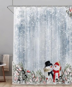 Rustic Wooden Board Christmas Snowman Shower Curtain for Bathroom Decor