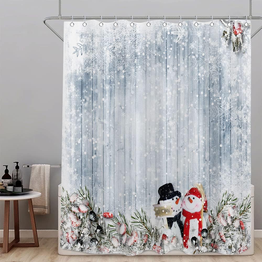 Rustic Wooden Board Christmas Snowman Shower Curtain for Bathroom Decor