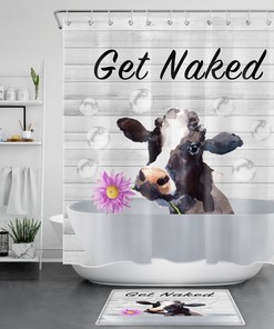 Rustic Wooden Board Cow and Flower Bathroom Decor Shower Curtain