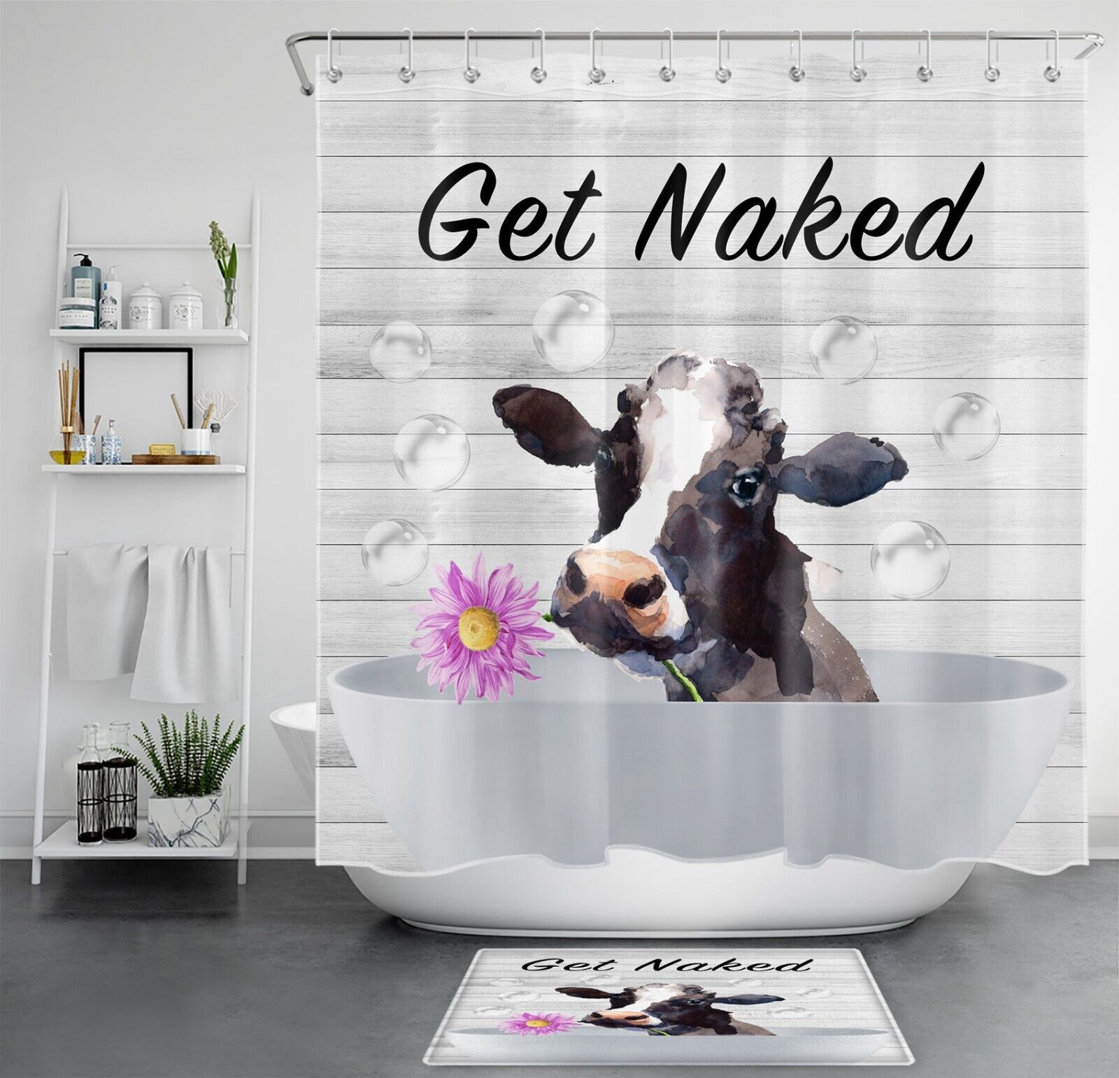 Rustic Wooden Board Cow and Flower Bathroom Decor Shower Curtain