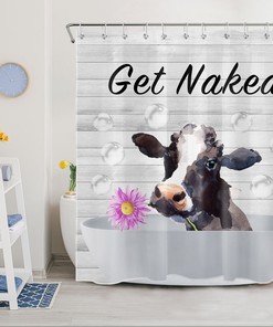 Rustic Wooden Board Cow and Flower Bathroom Decor Shower Curtain