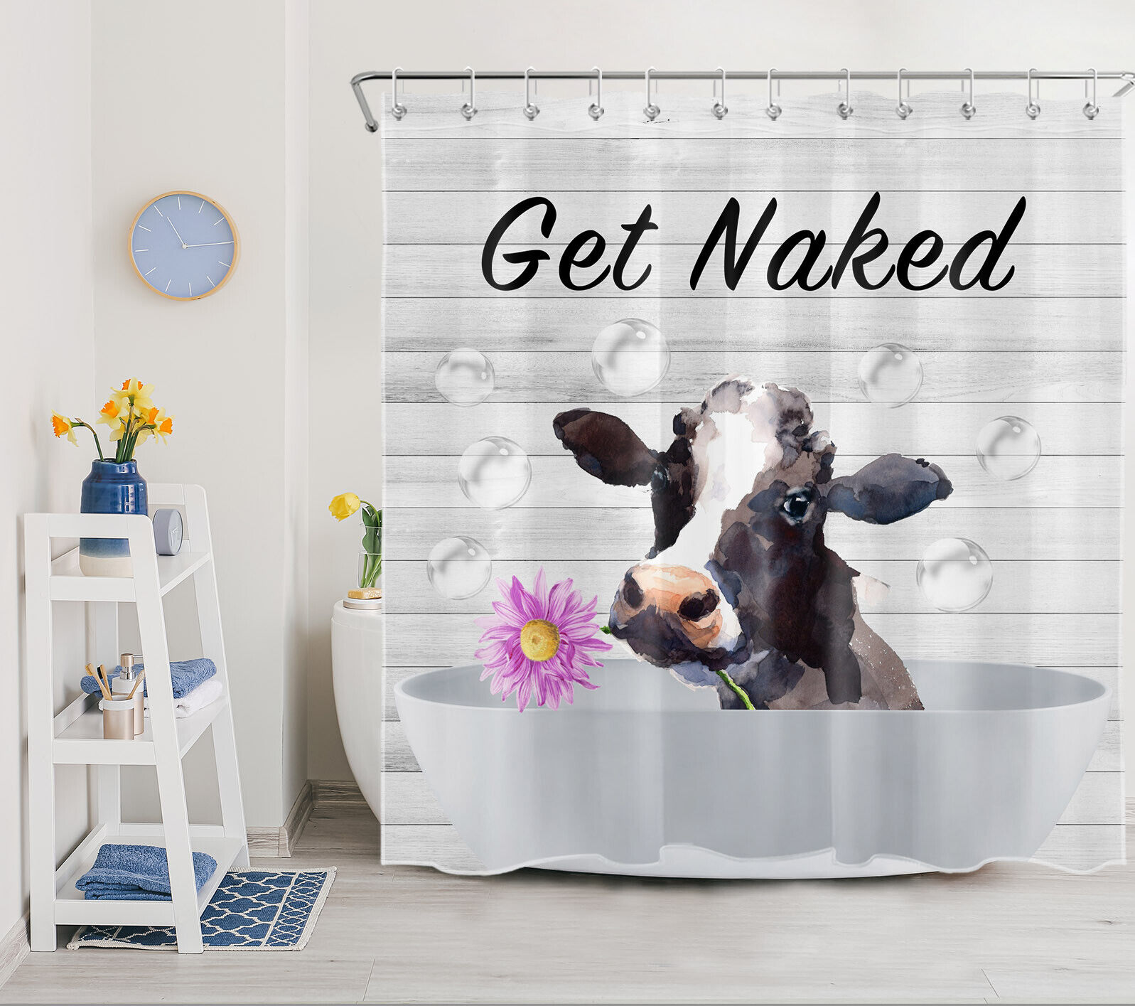 Rustic Wooden Board Cow and Flower Bathroom Decor Shower Curtain