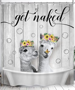 Rustic Wooden Board Cute Llama Alpaca Get Naked Shower Curtain for Funny Animal Prints