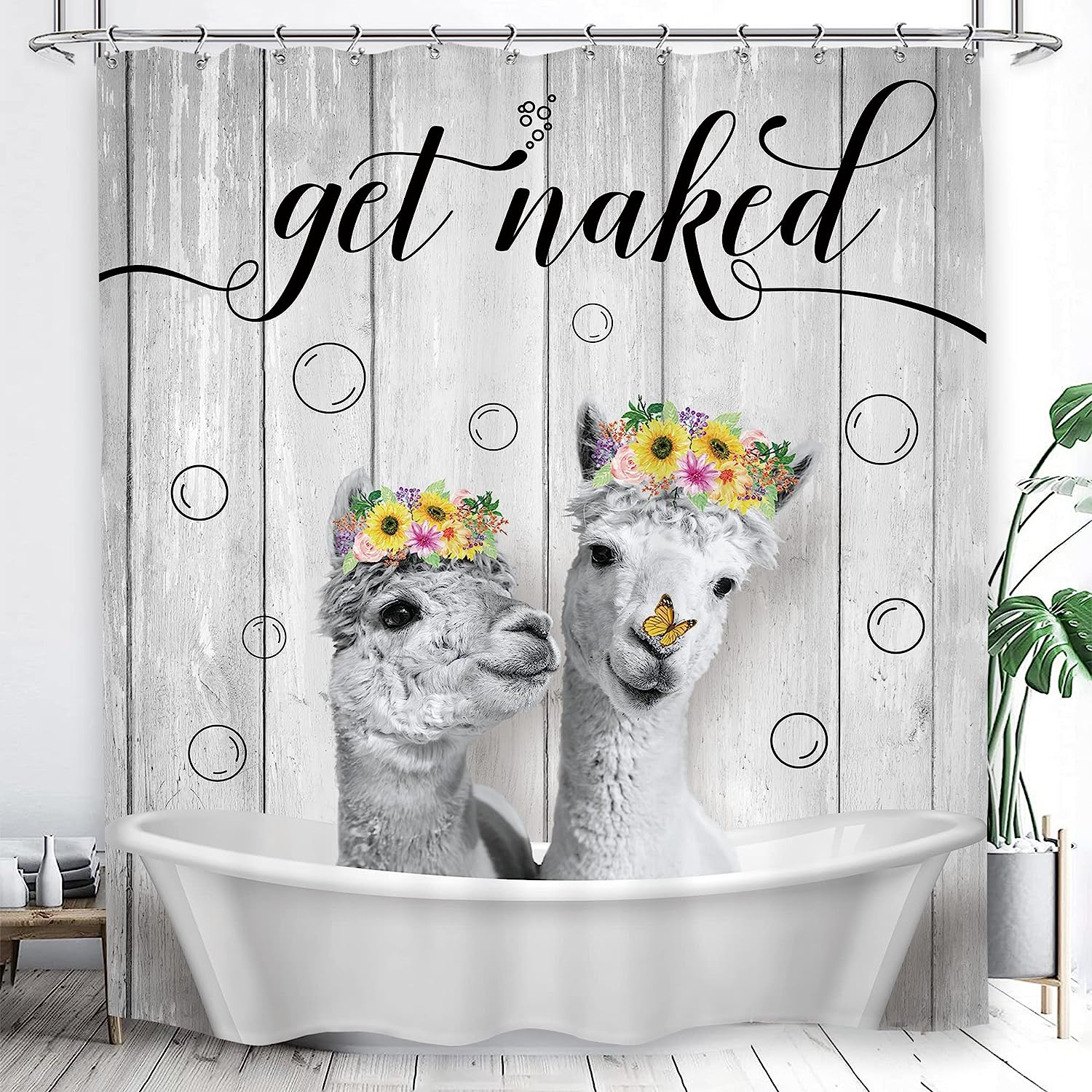 Rustic Wooden Board Cute Llama Alpaca Get Naked Shower Curtain for Funny Animal Prints