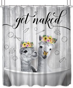Rustic Wooden Board Cute Llama Alpaca Get Naked Shower Curtain for Funny Animal Prints