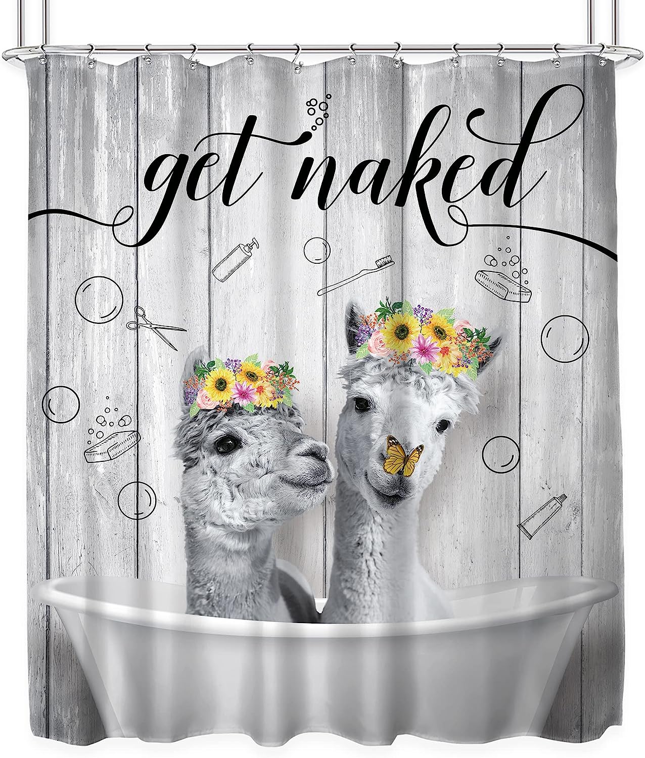 Rustic Wooden Board Cute Llama Alpaca Get Naked Shower Curtain for Funny Animal Prints