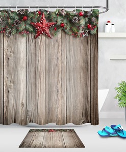 Rustic Wooden Boards Stars Pine Cones Christmas Shower Curtain Bathroom Decor