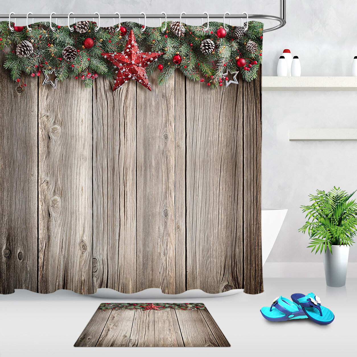 Rustic Wooden Boards Stars Pine Cones Christmas Shower Curtain Bathroom Decor