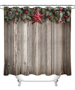 Rustic Wooden Boards Stars Pine Cones Christmas Shower Curtain Bathroom Decor