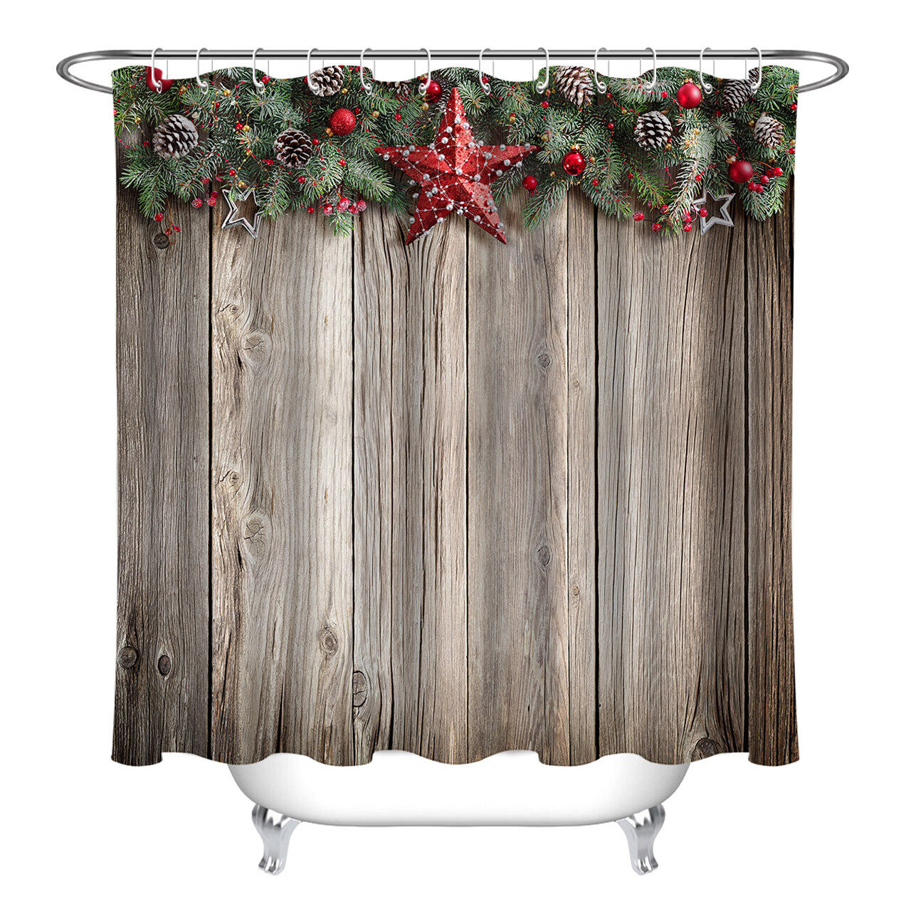 Rustic Wooden Boards Stars Pine Cones Christmas Shower Curtain Bathroom Decor
