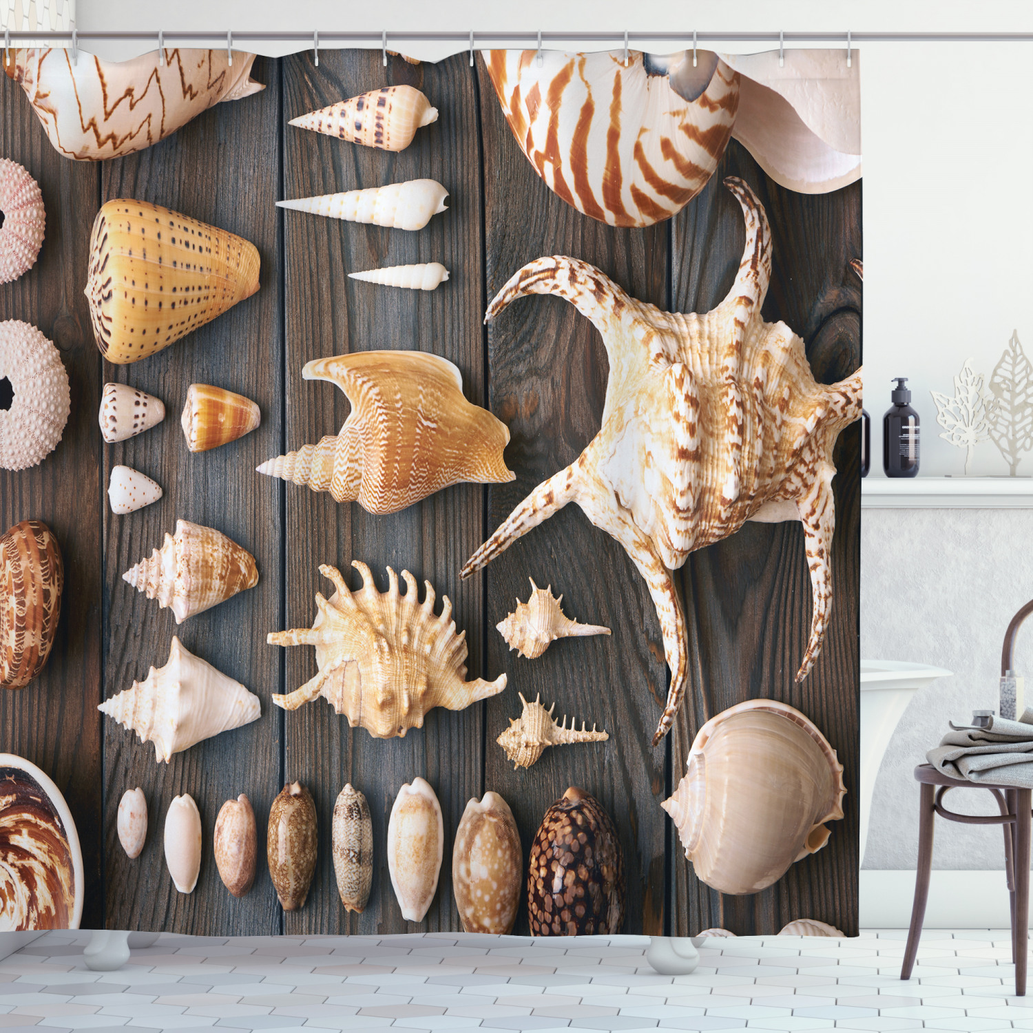 Rustic Wooden Country Style Seashell Nature Shower Curtain for Beach Bathroom