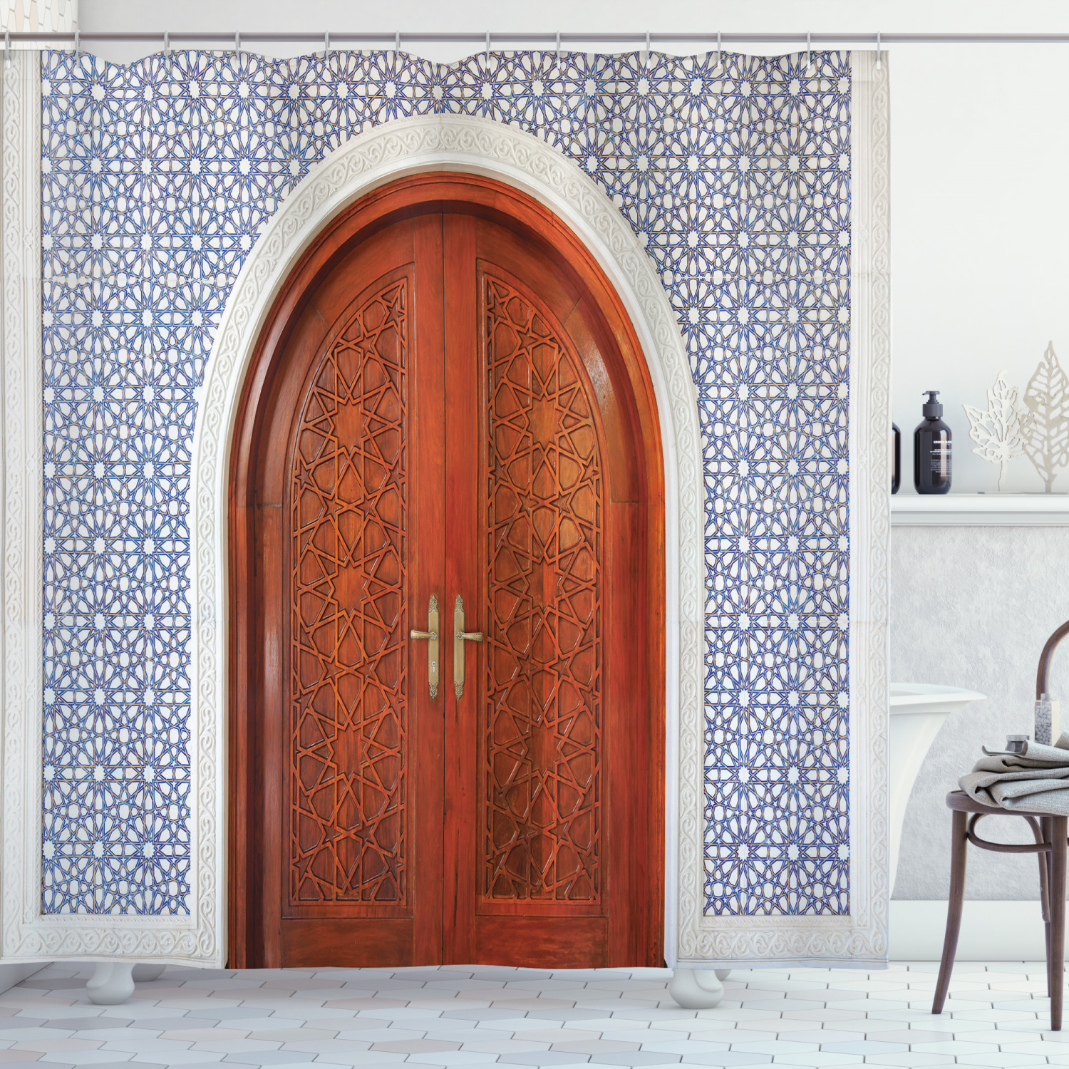 Rustic Wooden Door Asian Print Shower Curtain For Bathroom - Image 3