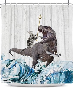 Rustic Wooden Farmhouse Cat And Dinosaur Shower Curtain For Children'S Bathroom