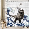 Rustic Wooden Farmhouse Shower Curtain with Cool Cat, Dinosaur, and Ocean Wave Design for Kids Bathroom Decor