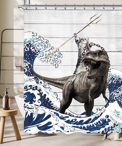 Rustic Wooden Farmhouse Shower Curtain with Cool Cat, Dinosaur, and Ocean Wave Design for Kids Bathroom Decor