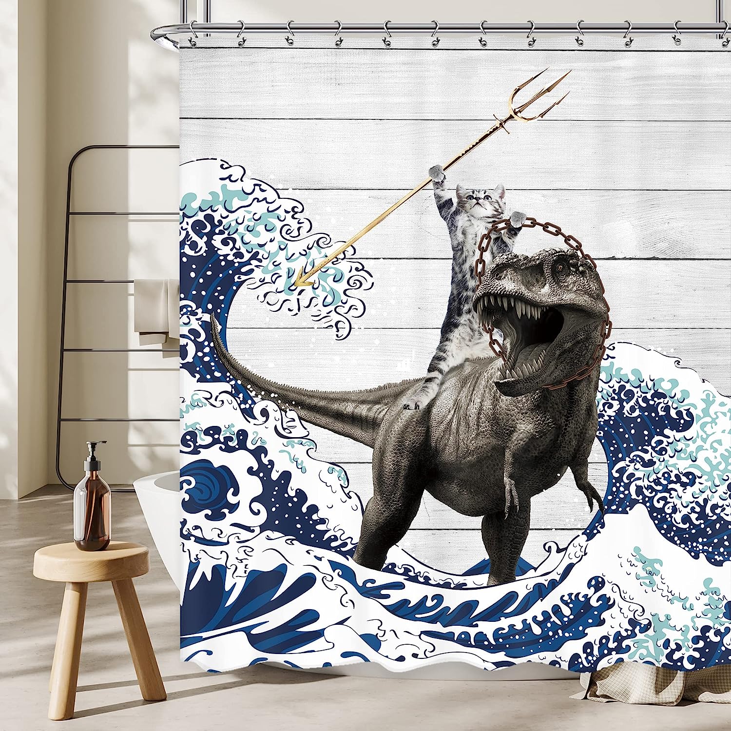 Rustic Wooden Farmhouse Shower Curtain with Cool Cat, Dinosaur, and Ocean Wave Design for Kids Bathroom Decor