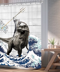 Rustic Wooden Farmhouse Shower Curtain with Cool Cat, Dinosaur, and Ocean Wave Design for Kids Bathroom Decor